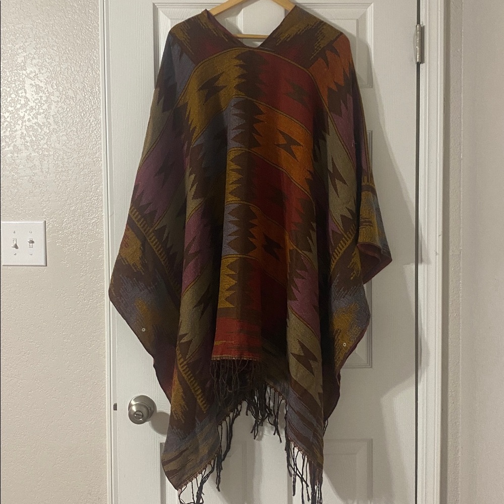 Vintage Colorful Western Patterned Poncho with Fringe - Picture 4 of 5